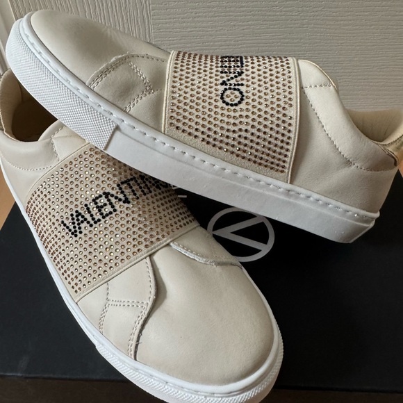 Valentino Cream & Gold Leather Slip-On Sneakers with Embellished Strap - Picture 2 of 6